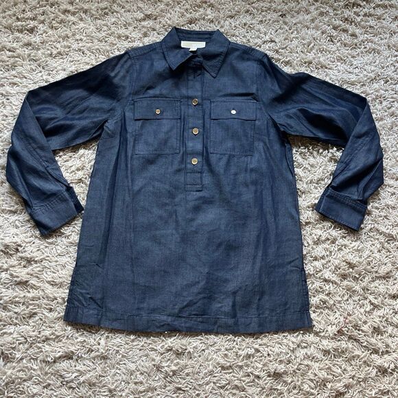 Michael Kors Blue Indigo Popover Chambray Placket Tunic Top Medium - Picture 1 of 11